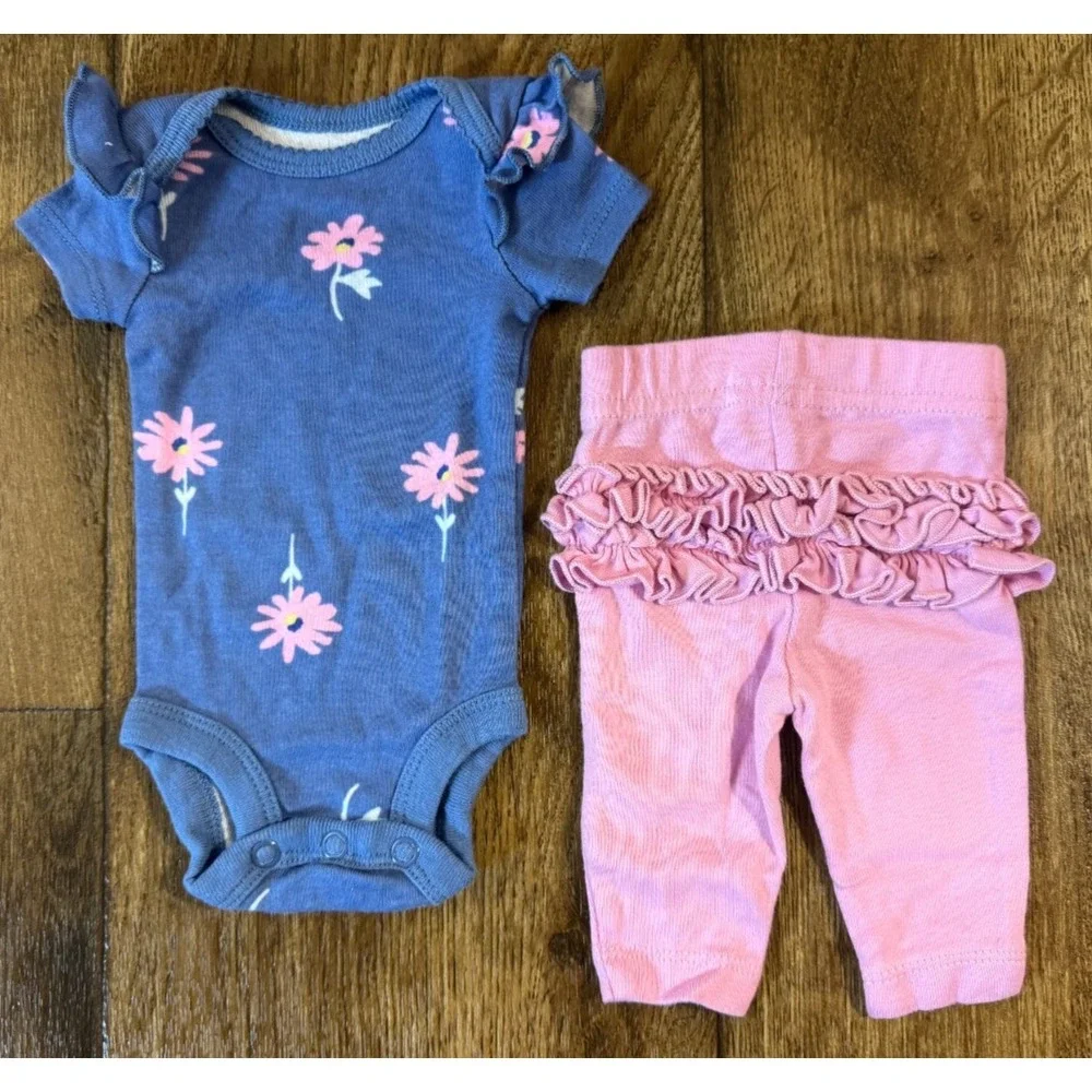 Child of Mine Outfit Baby Girl Preemie Blue Floral Bodysuit Pink Ruffle Pants